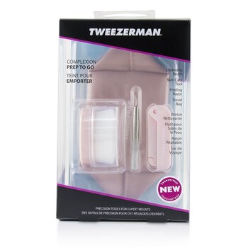 Tweezerman Conjunto de preparação para a pele: escova de limpeza + ferramenta para cuidados com a pele + navalha dobrável + bolsa de viagem