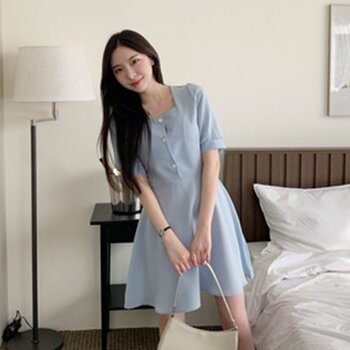 Square Neck Puff Sleeve Button Front Dress