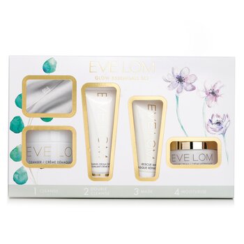 Eve Lom Glow Essentials Discovery Set: Cleanser 20ml + Foaming Cream Cleanser 20ml + Rescue Mask 15ml + Moisture Cream 15ml